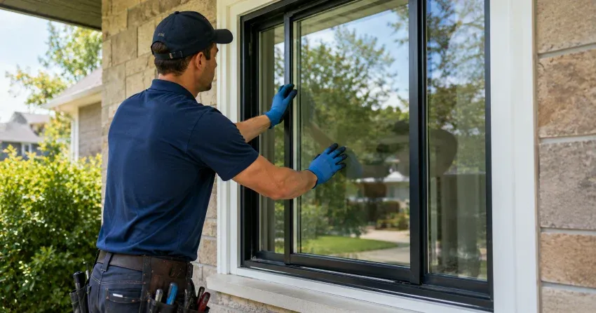 technician measuring a broken window pane for replacement in Blue Grass Meadows, Whitby