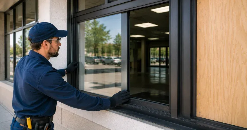 technician boarding a broken window after a break-in in Blue Grass Meadows, Whitby
