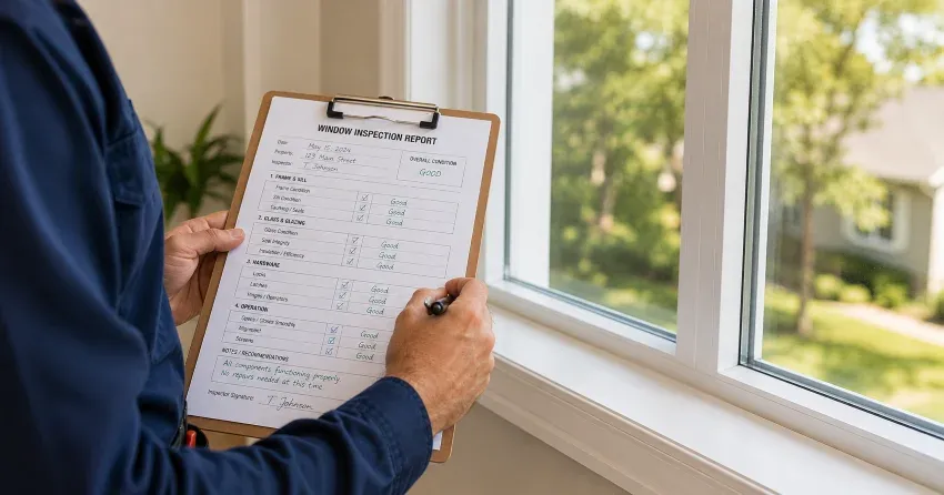 technician inspecting window seal and frame in Ashburn, Whitby