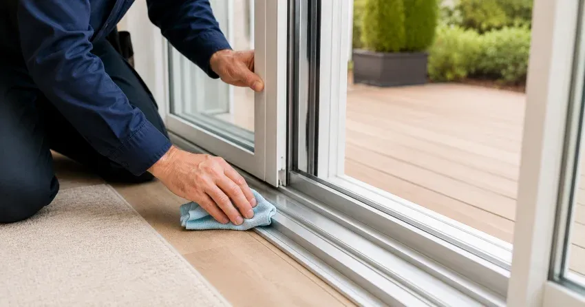 technician inspecting a sliding patio door track in Whitby