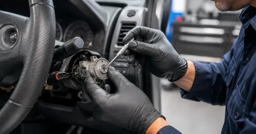 technician diagnosing an ignition lock repair issue in Brooklin, Whitby