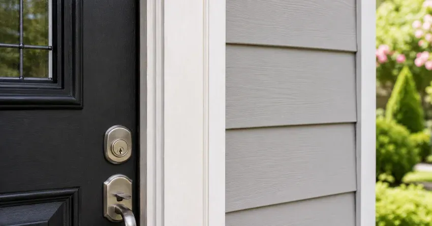 technician inspecting door jamb behind cracked casing in Brooklin, Whitby home