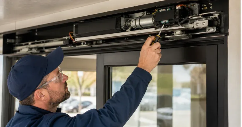 technician completing automatic door repair on residential property in Macedonian Village, Whitby
