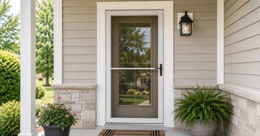technician hanging storm door square and plumb in Williamsburg, Whitby