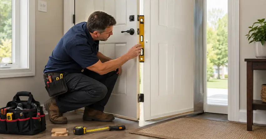 technician diagnosing a misaligned door frame in Whitby