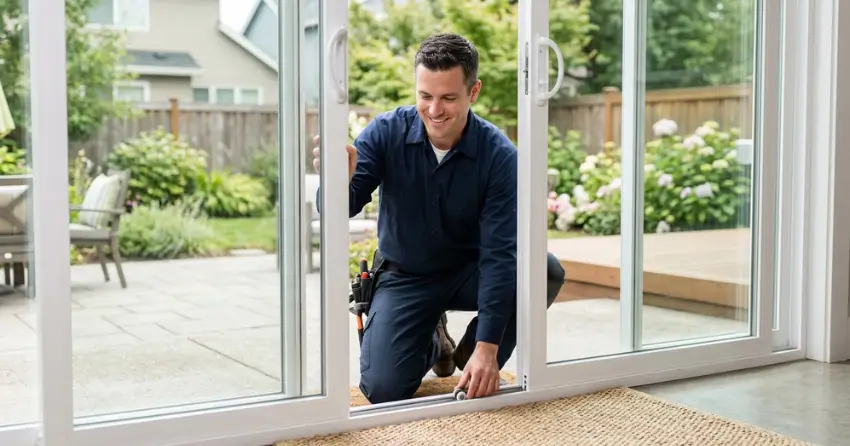 technician diagnosing a sticking patio door in Ashburn, Whitby