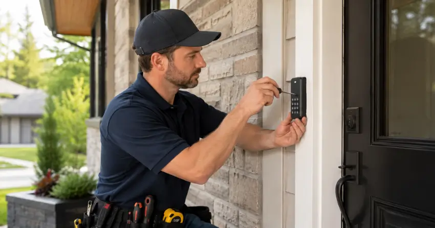 Technician installing an access control system keypad beside a residential front door in Whitby