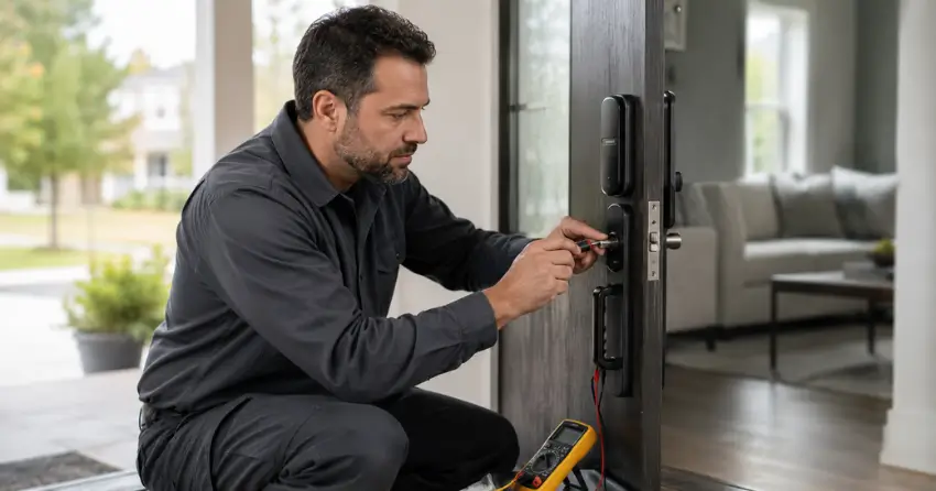 technician diagnosing automatic door lock mechanism on residential door in Lynde Creek, Whitby