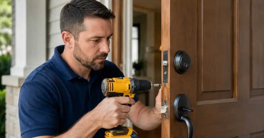 technician installing a new deadbolt during Change Door Lock Whitby service