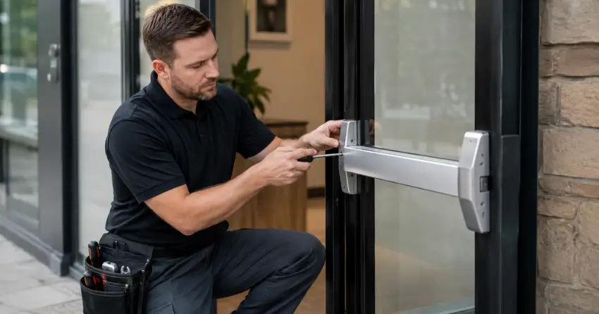 commercial locksmith repairing exit device on storefront door Myrtle Station, Whitby