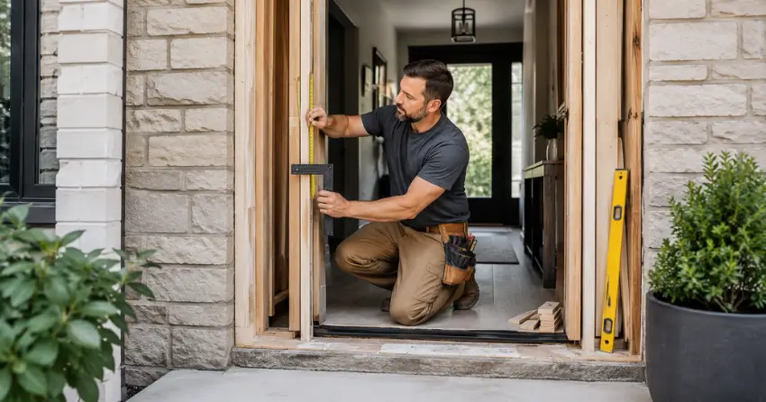 exterior door installer assessing rough opening in Blue Grass Meadows, Whitby