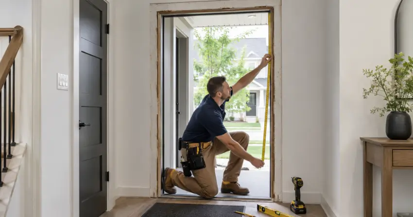 technician measuring a door frame before new door installation in Brooklin, Whitby