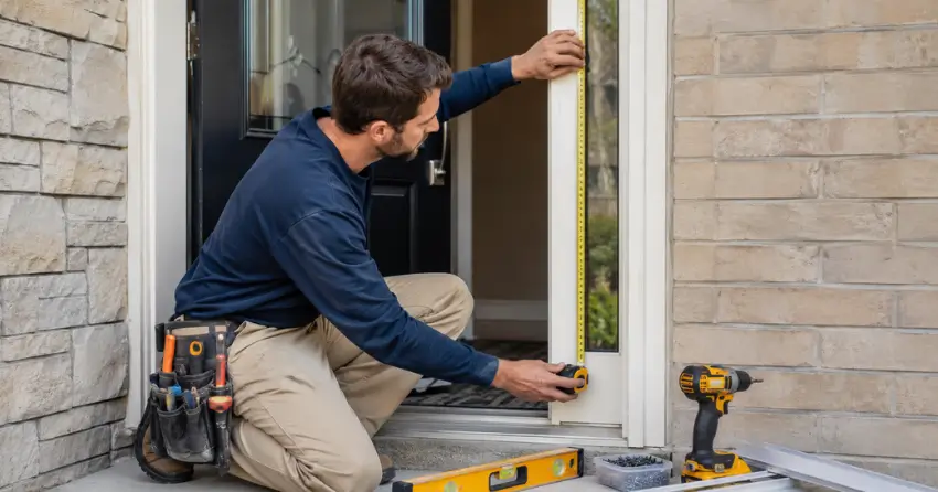 technician measuring door frame before storm door install in Whitby