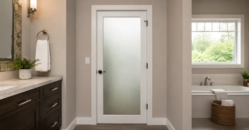 frosted glass panel bathroom door installed in a Ashburn, Whitby home