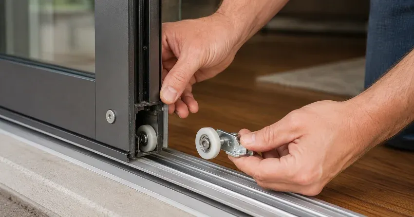 sliding door alignment Whitby technician adjusting roller track