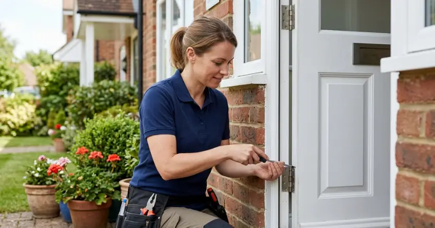 technician repairing exterior door hinge and frame in Taunton North, Whitby