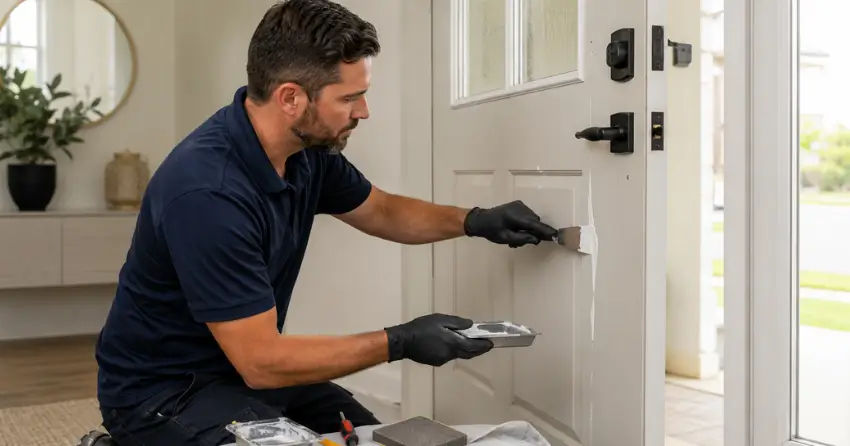 technician repairing fiberglass door surface crack in Brooklin, Whitby