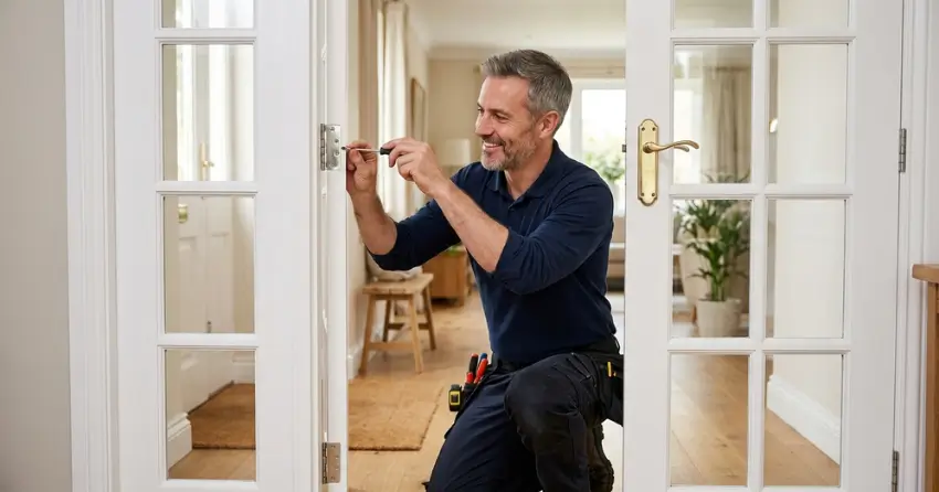 technician adjusting French door hinge for proper alignment in Ashburn, Whitby