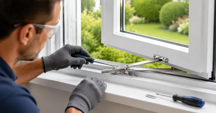 automatic door technician inspecting sensor and control panel in Whitby