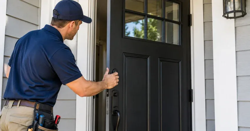 technician adjusting door hinge and strike plate in Pringle Creek, Whitby home