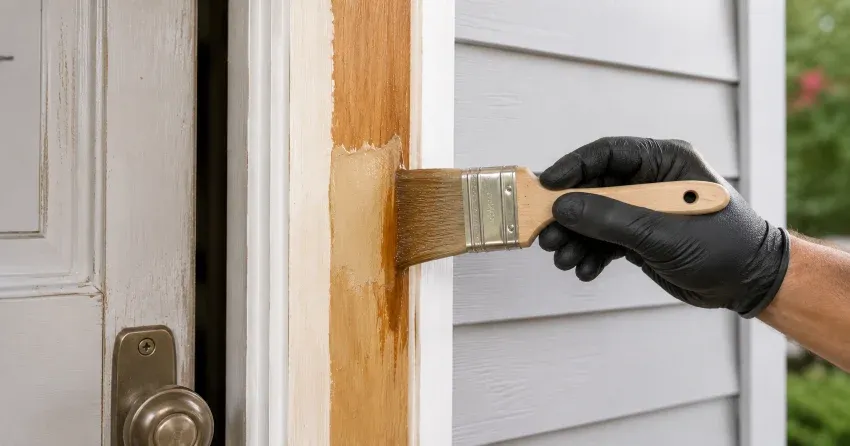 technician probing rotted wood on a door frame in Whitby