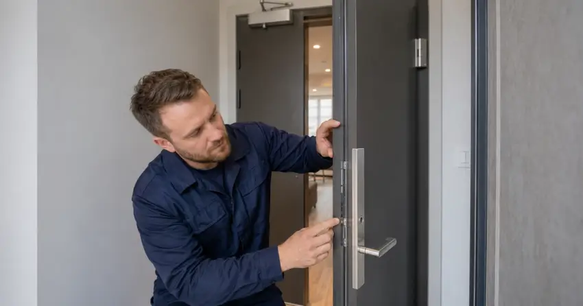 technician inspecting fire-rated door seal and hardware in Myrtle Station, Whitby
