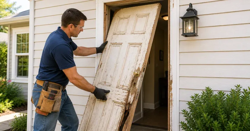 warped exterior door frame showing weather damage in Whitby
