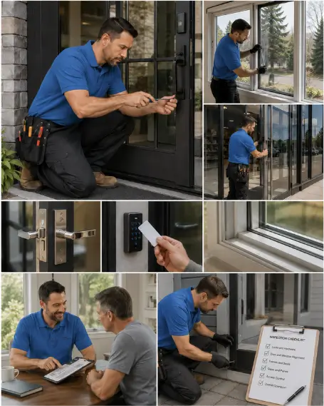 A technician fitting replacement hinges to a sagging entry door